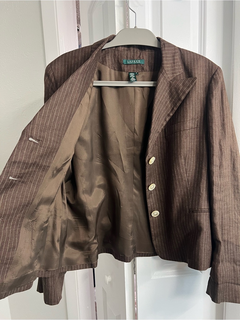 Lauren Ralph Lauren lightweight 100% Linen Brown Pinstriped Blazer